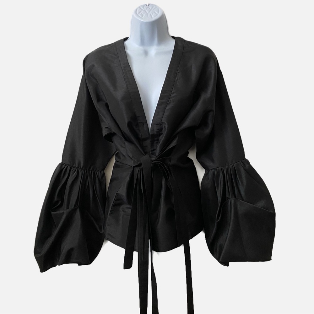 TOV Los Angeles, Striking Avant Garde V-Neckline Bishop Sleeve Top Blouse